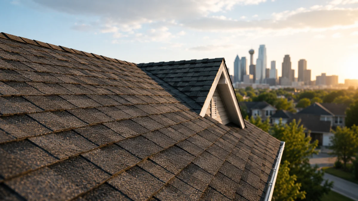 Aging asphalt shingle roof on a DFW home showing signs of wear